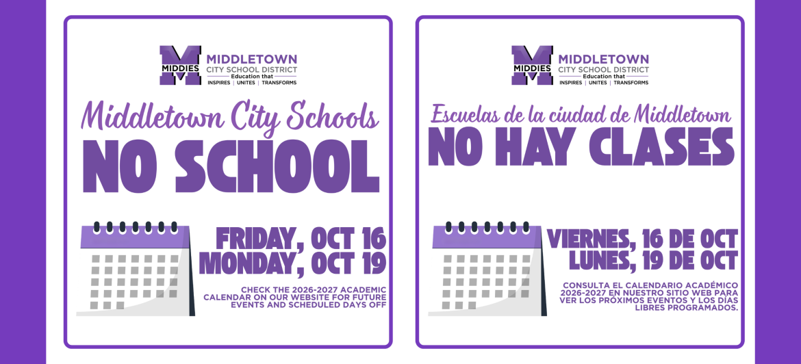 Announcement that there are upcoming days with no school. Friday, October 16 and Monday, October 19th with calendar graphic 
